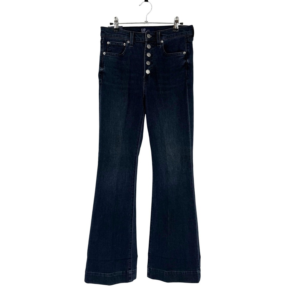 NEW GAP High Rise Flare Jeans Dark Wash Button Fly Stretch Denim 4/27R 652460-00 - Picture 2 of 14